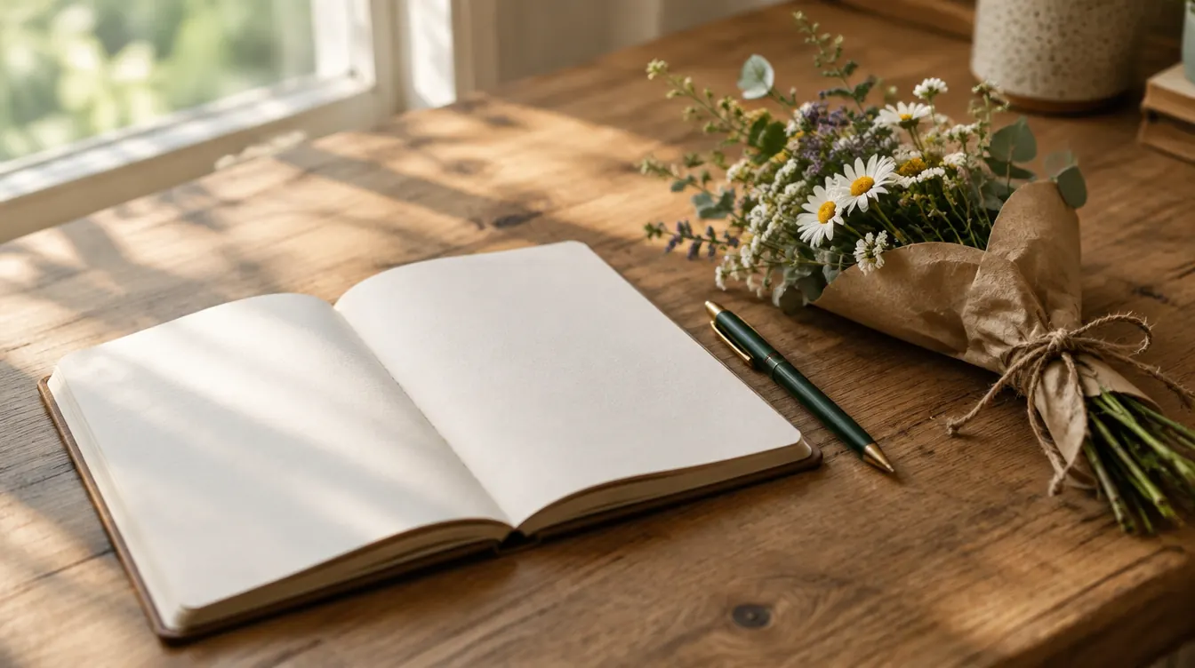 An open notebook and pen beside a small bouquet on a wooden table in soft light