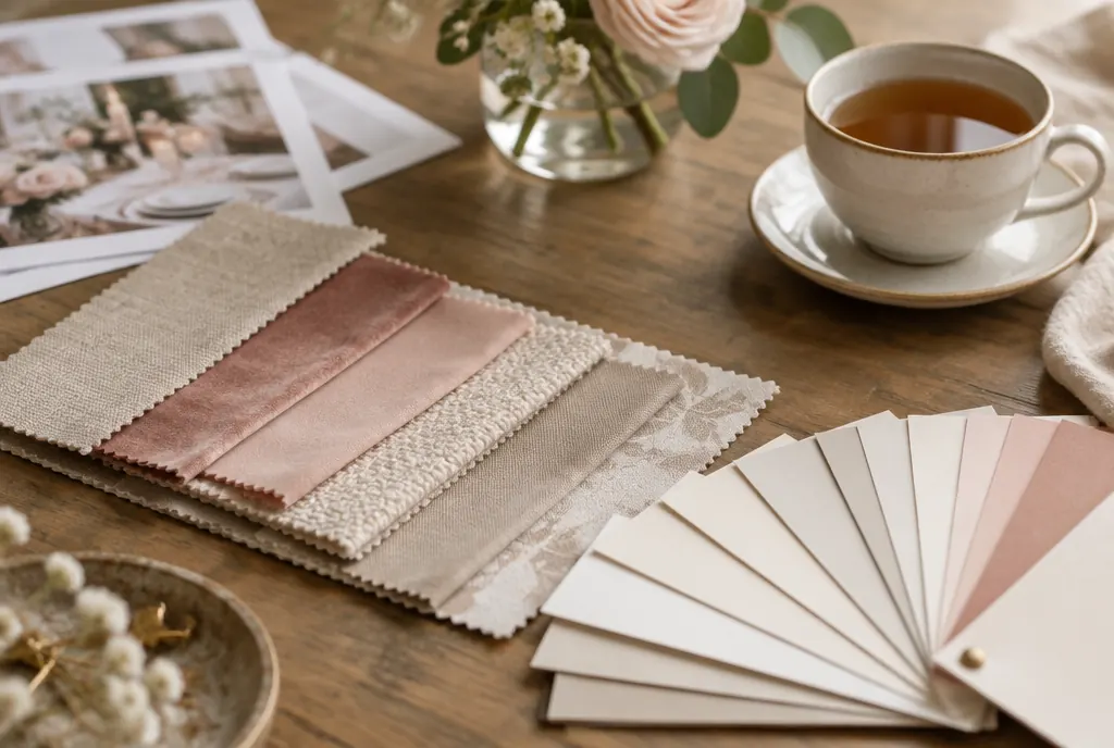 Fabric swatches and paper samples fanned out on a table during event planning