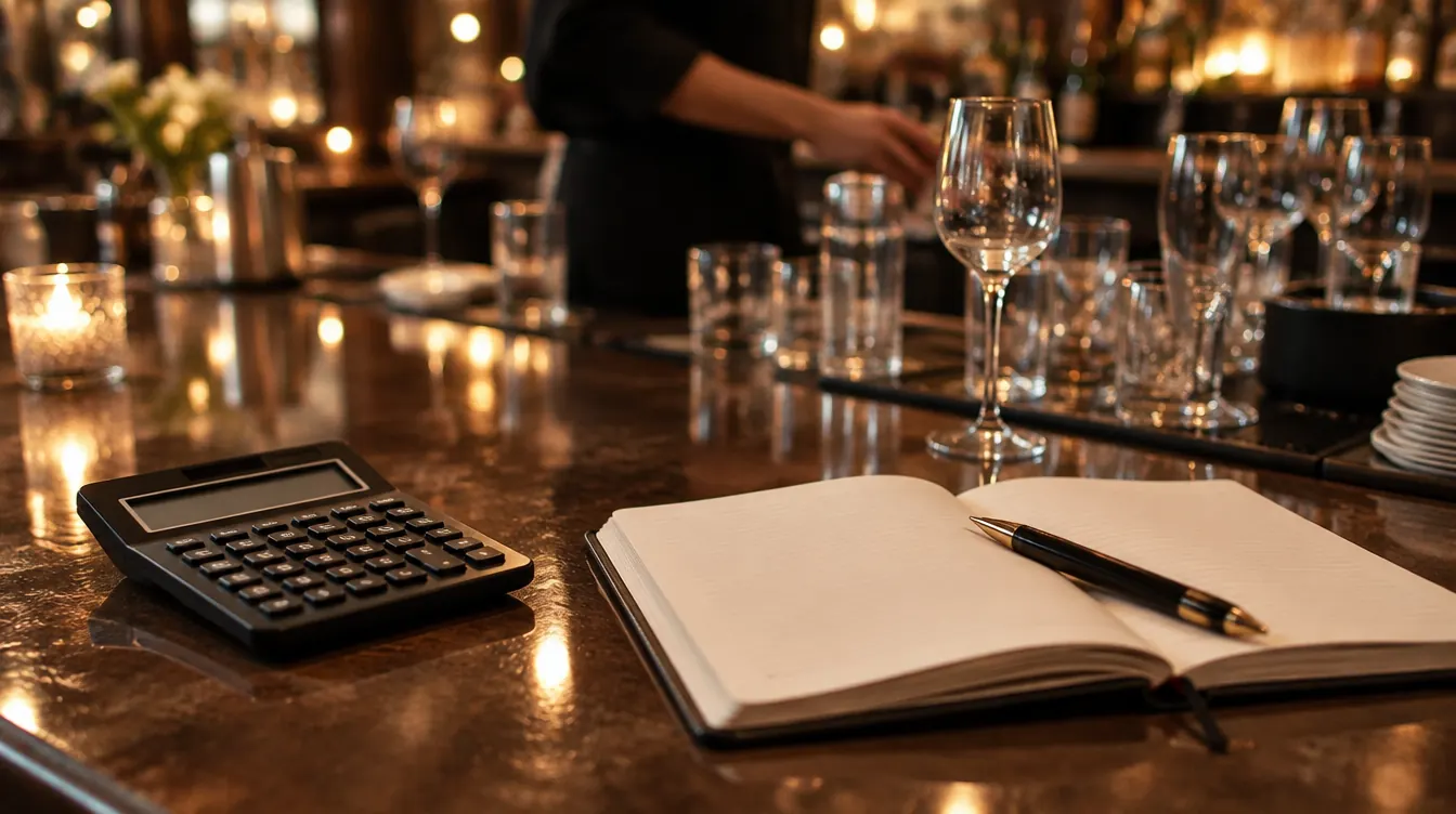 A calculator and open notebook on a bar top with glassware in the soft background