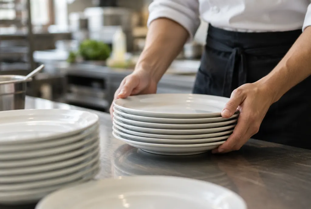 Hands stacking clean white plates on a catering prep counter