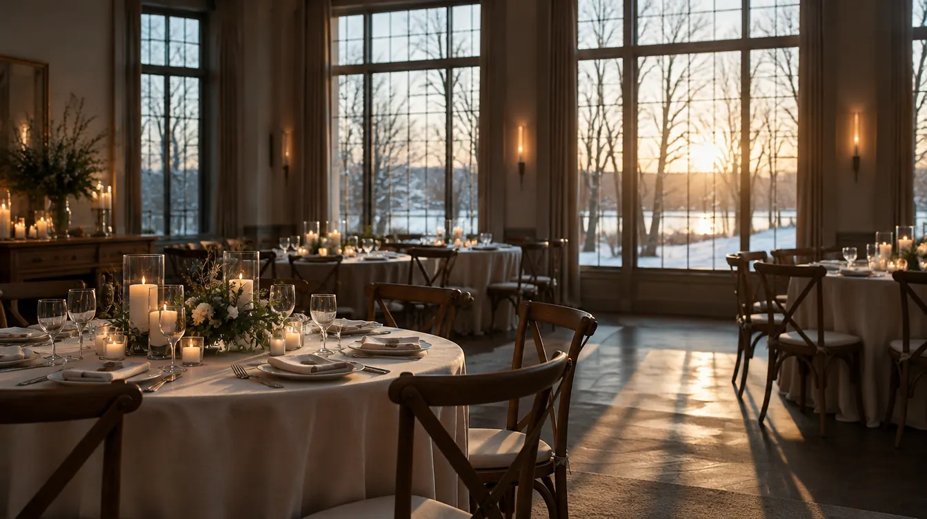 A quiet event room set with tables in low winter sunlight from tall windows