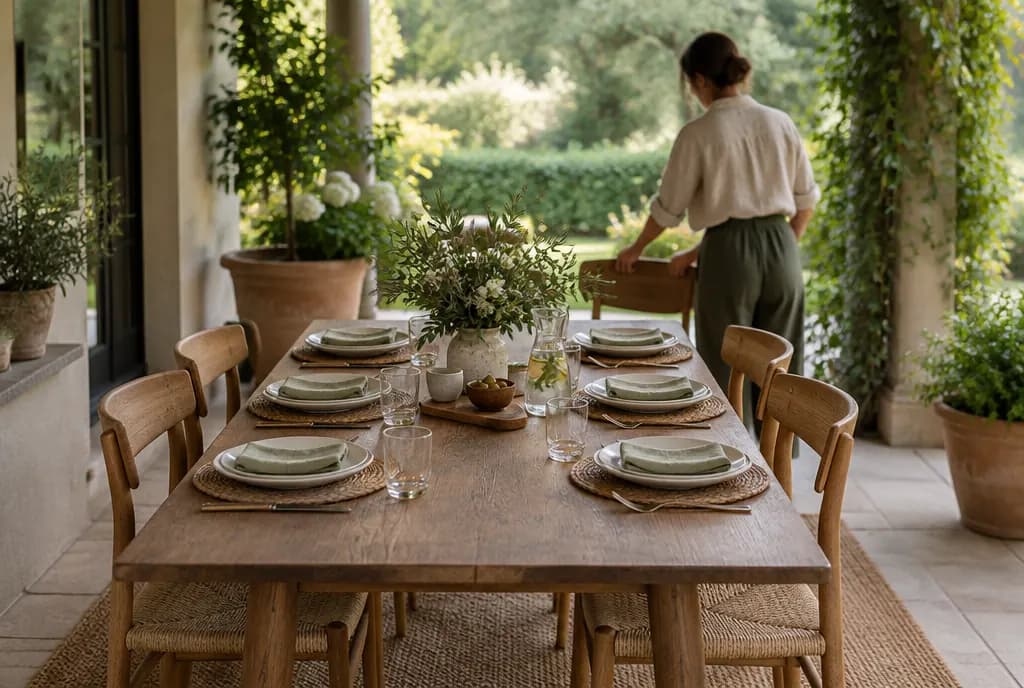A small weekday lunch table setting on a covered patio, a host seen from behind in the distance