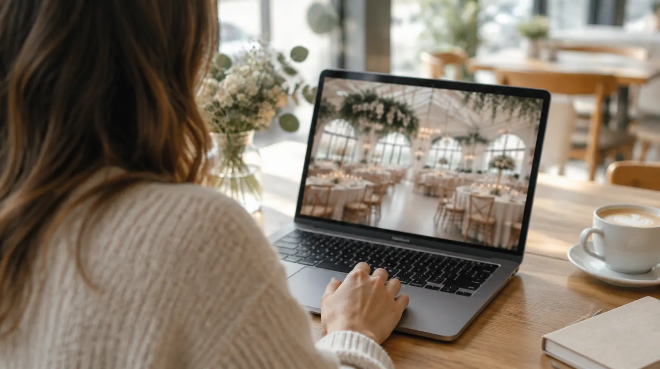 A person seen from behind looking at a laptop in a bright café with a blurred venue photo on the screen