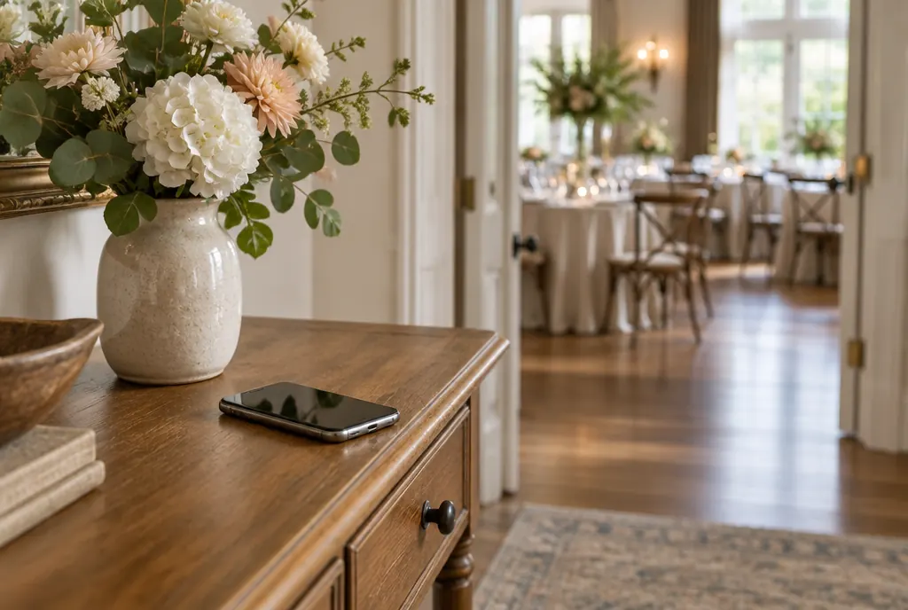 A smartphone resting on a hallway table with an inviting event space visible beyond
