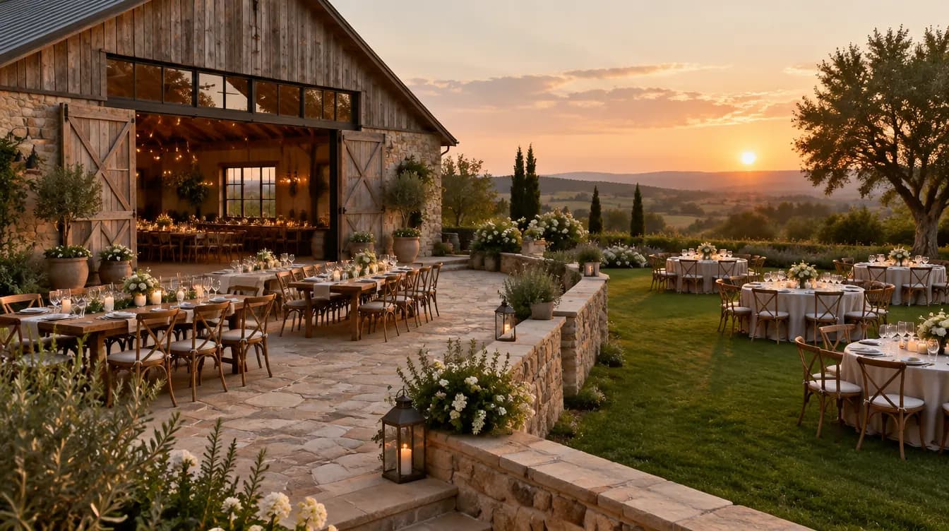 A barn, a terrace and a garden lawn seen together at golden hour, set up for events