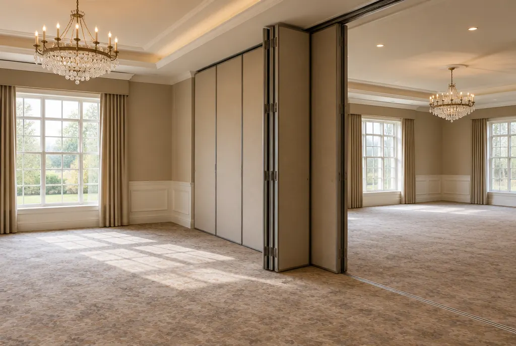 A folding partition half-open between two empty reception rooms