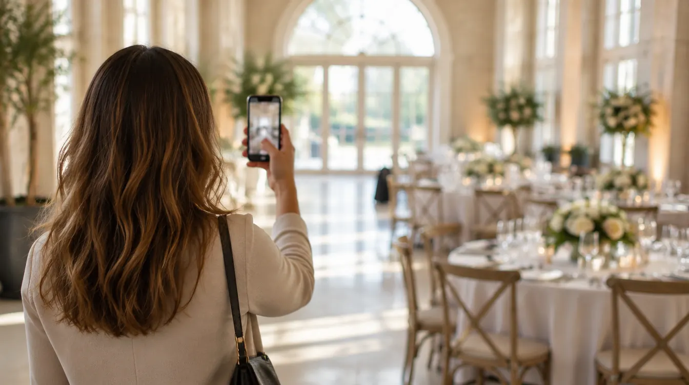 A person holding a phone in the entrance of an event venue in soft light