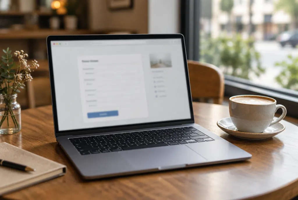 A laptop on a table with a blurred form on screen and a coffee cup beside it