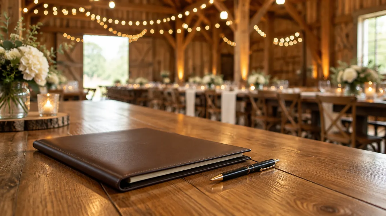 A closed contract folder and pen on a wooden table inside a barn venue with string lights overhead