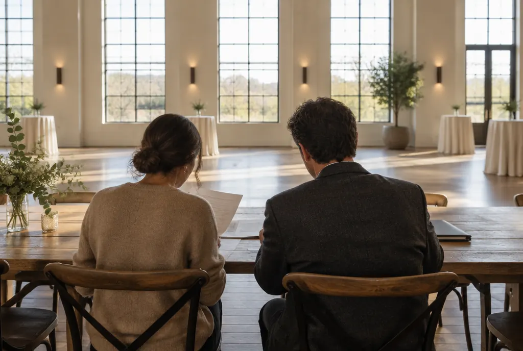 Two people seen from behind reading documents together at a long table in an empty event space