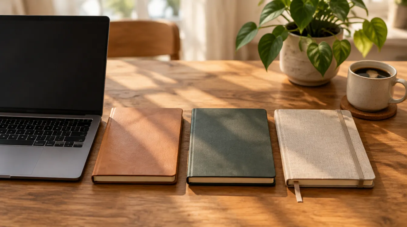 A laptop and three notebooks laid side by side on a table in morning light