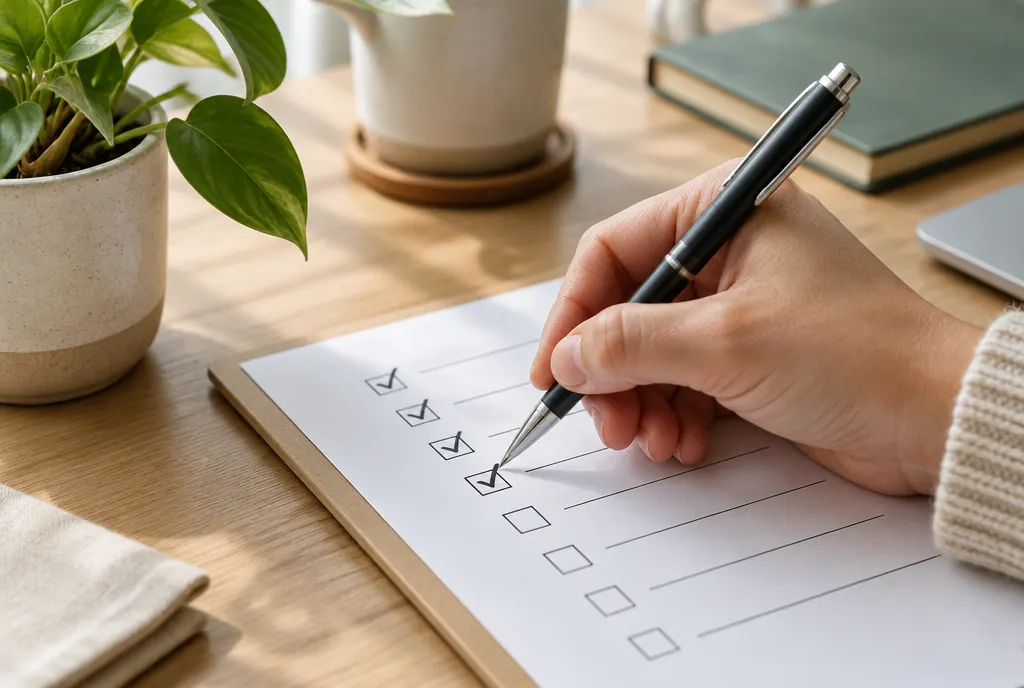 A hand ticking items on a printed checklist on a tidy desk