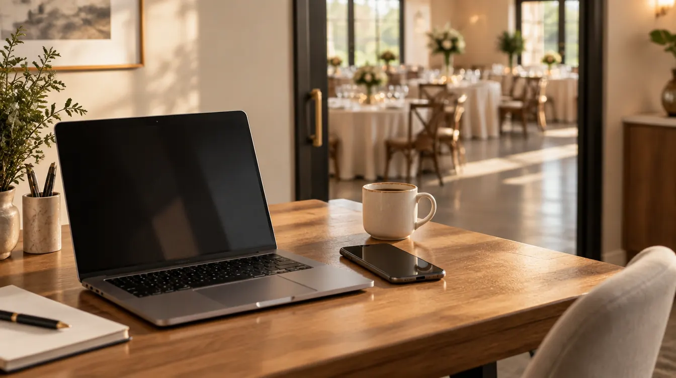 A laptop and phone on a venue office desk in morning light with an event space blurred beyond