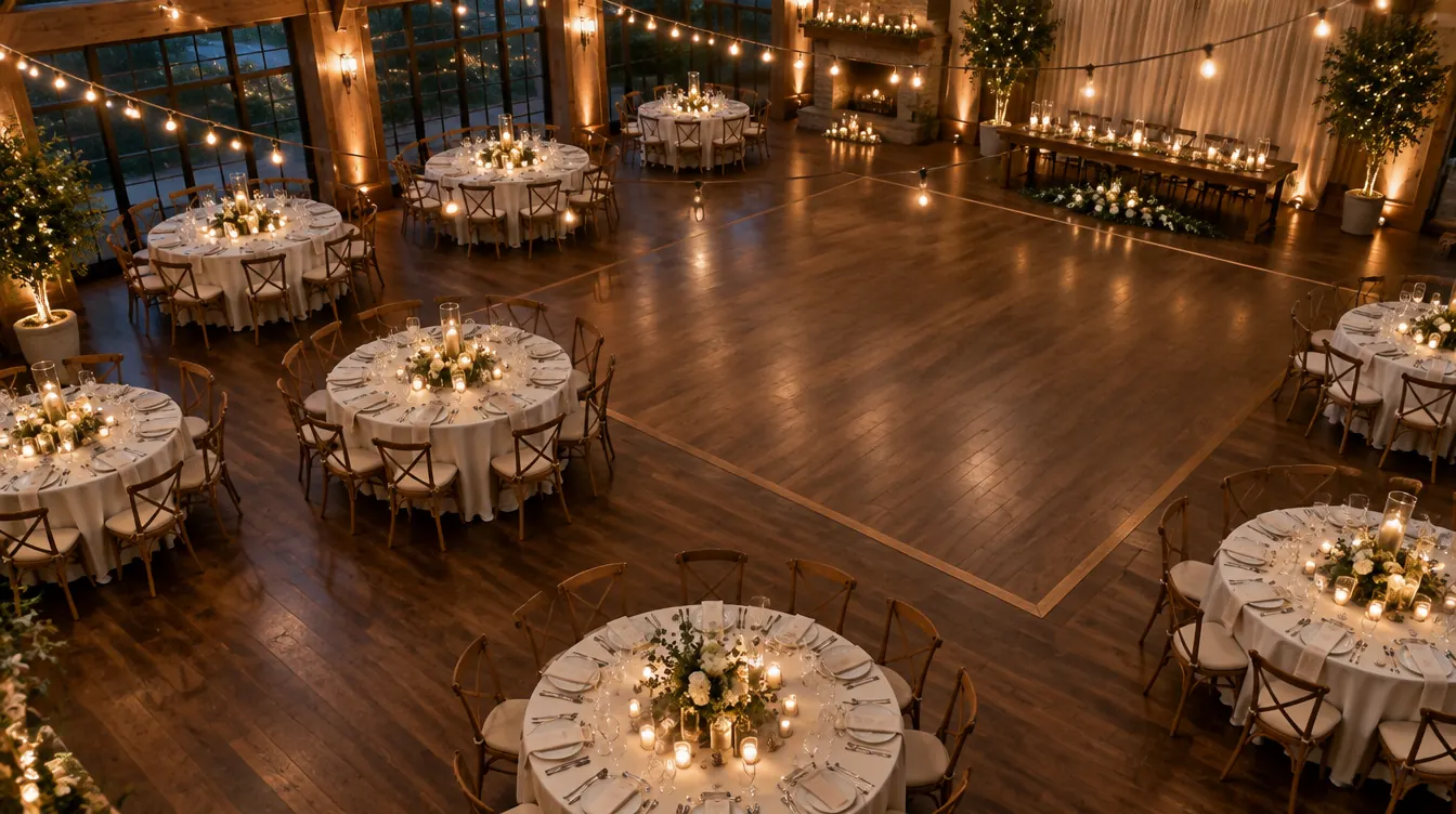 A reception room seen from above with round tables set around an open dance floor