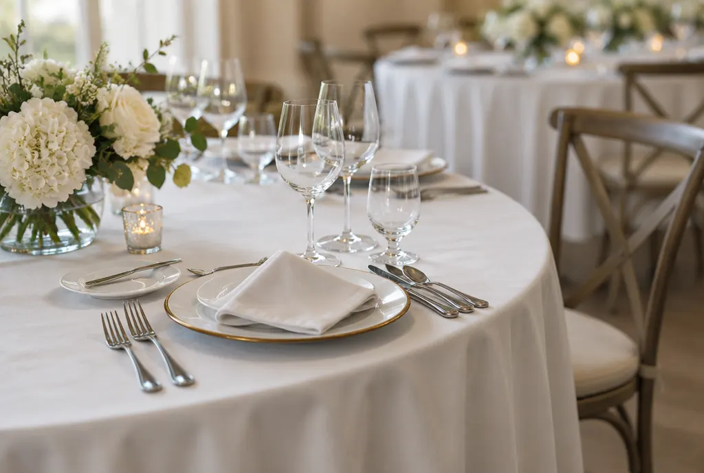 A round banquet table with white linen, glassware and place settings in an event room