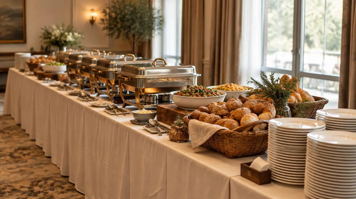 A long buffet table laid with serving dishes and stacked plates in soft window light