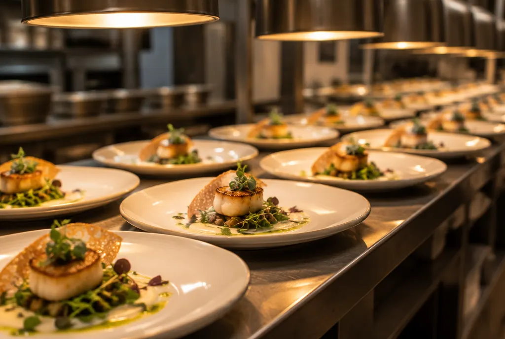 Rows of plated starters lined up on a kitchen pass ready to be served