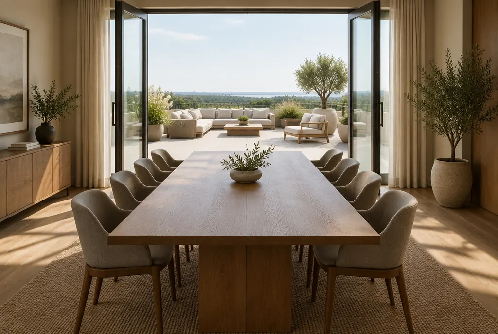 An empty small boardroom with a long table and chairs beside a bright terrace through glass doors