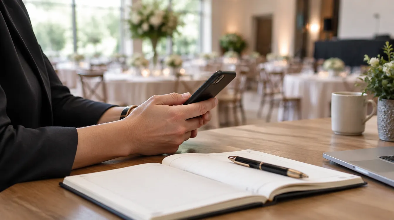 Hands holding a phone beside an open notebook on a venue office desk