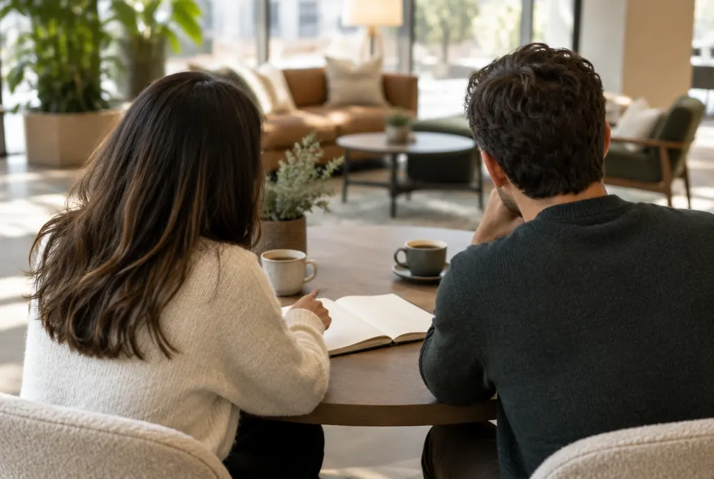 Two people seen from behind talking at a table over an open notebook