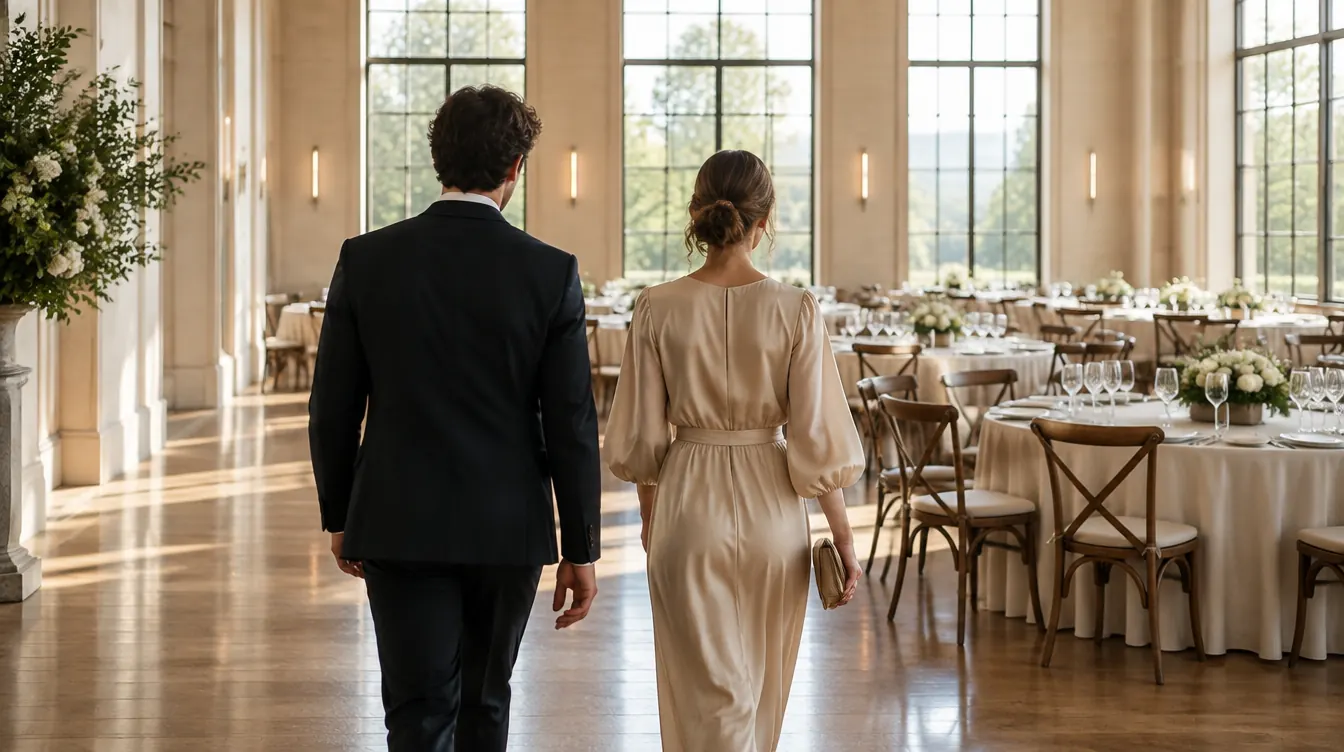 Two people seen from behind walking through a bright reception hall with set tables ahead