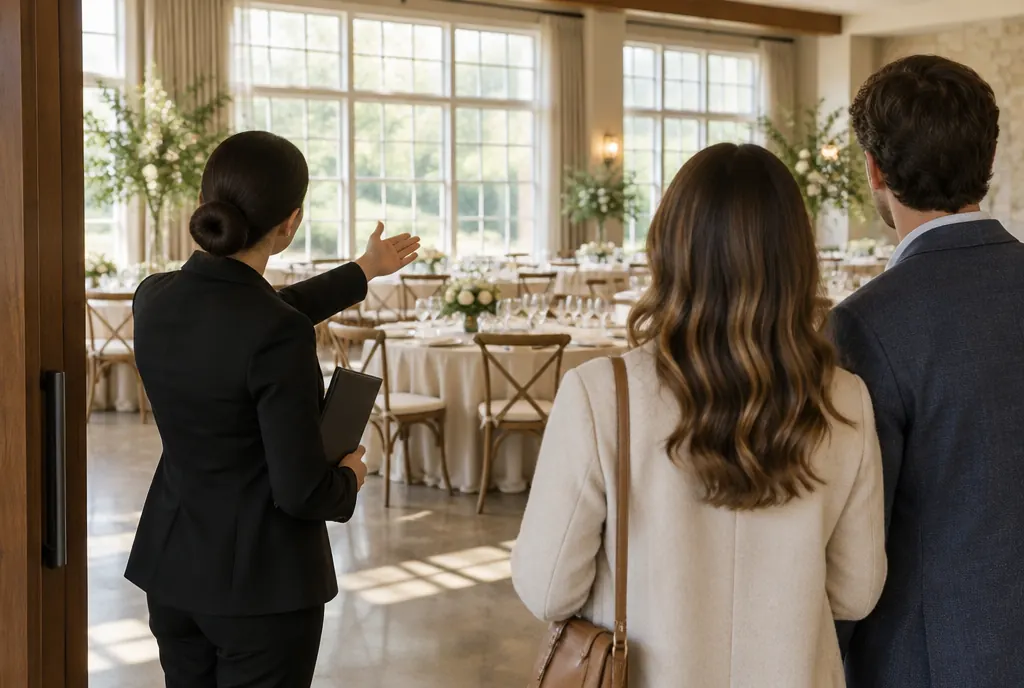 A guide gesturing toward a window-lit event room while visitors look on, seen from behind