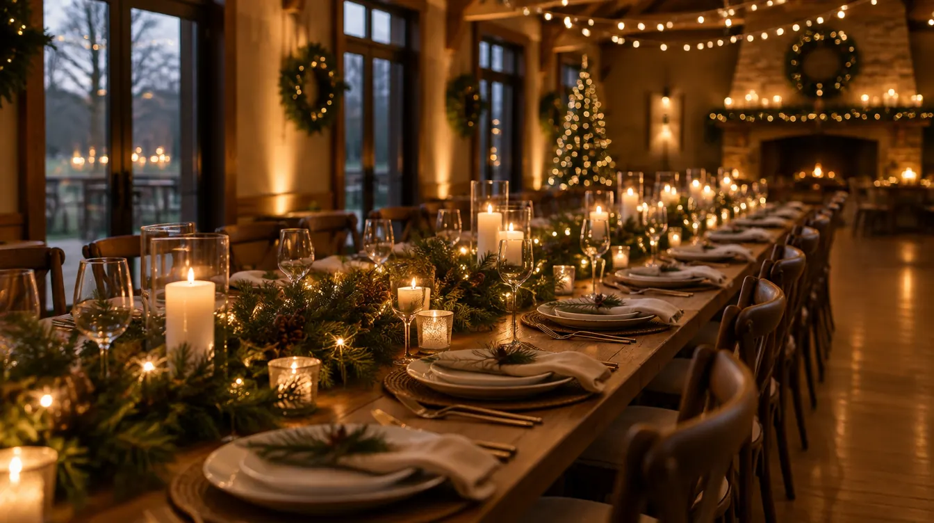 A long banquet table set with candles and greenery in a warm, softly lit event room before guests arrive