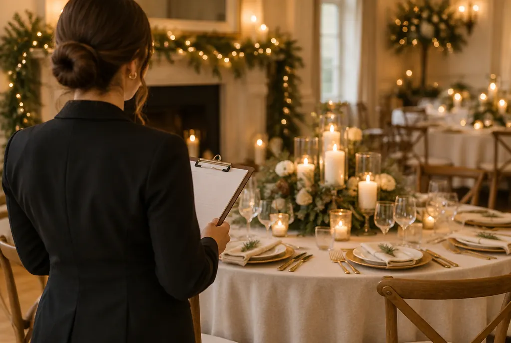 A host with a clipboard checking place settings on a round table in a decorated event room
