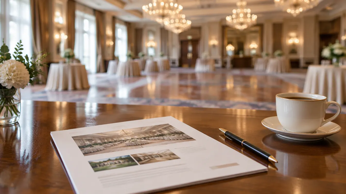A printed event proposal and a pen on a venue sales desk, with an empty ballroom blurred behind