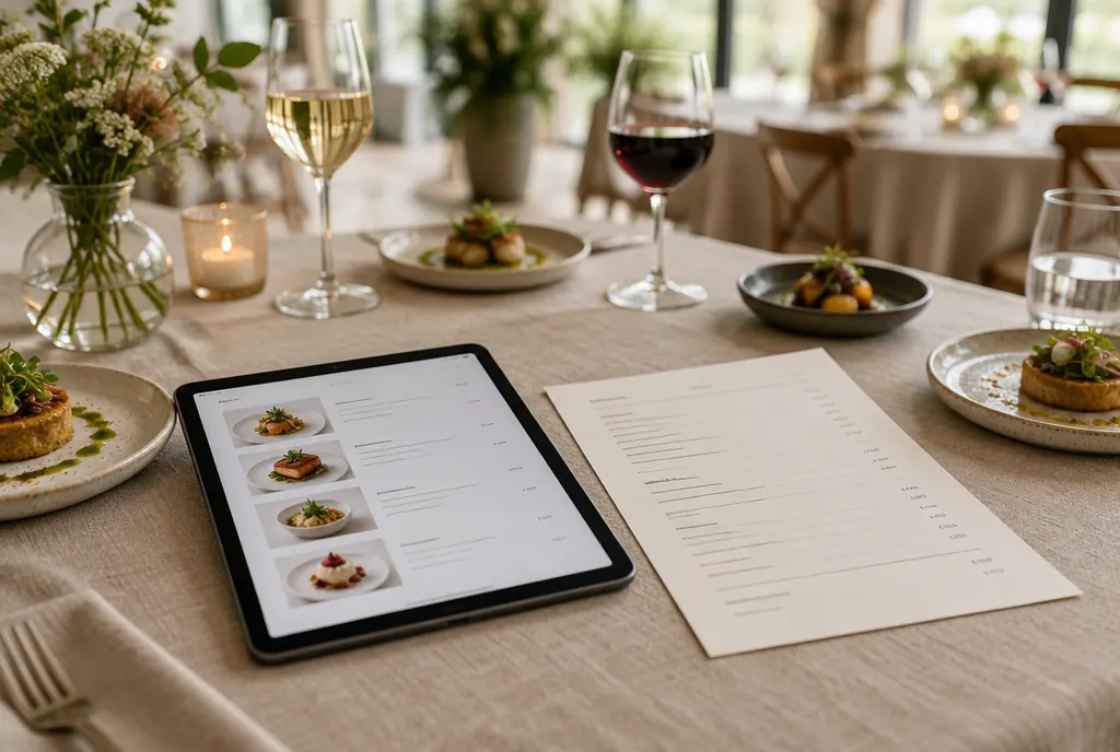 A printed price page and a tablet resting on a linen-covered table in an event space