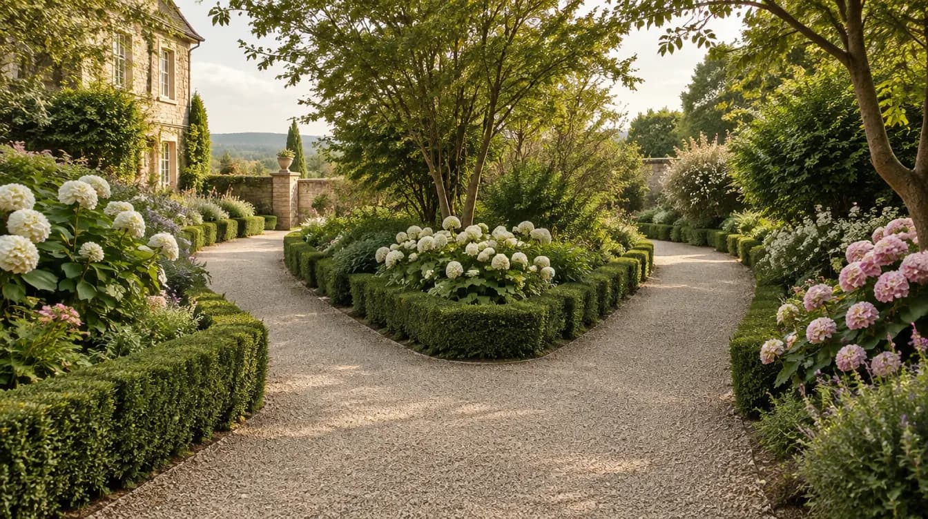 A garden path splitting into two directions under soft afternoon light
