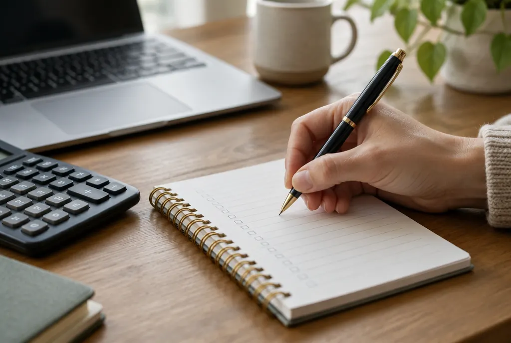 A notepad with a handwritten list beside a calculator and laptop on a desk