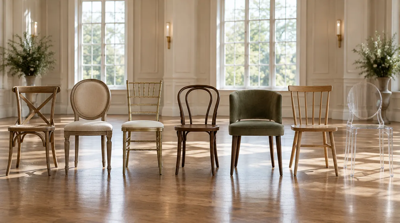 A row of different styles of chairs in an empty event room lit by tall windows
