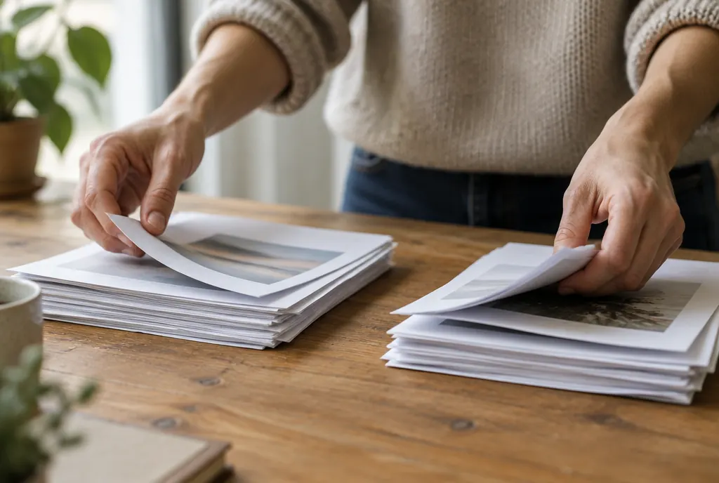 Two hands sorting printed pages into separate stacks on a table