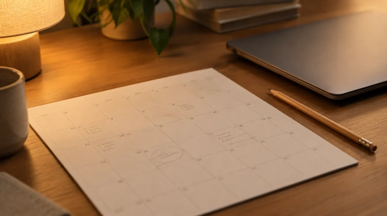 A printed grid calendar with pencil marks beside a closed laptop on a desk