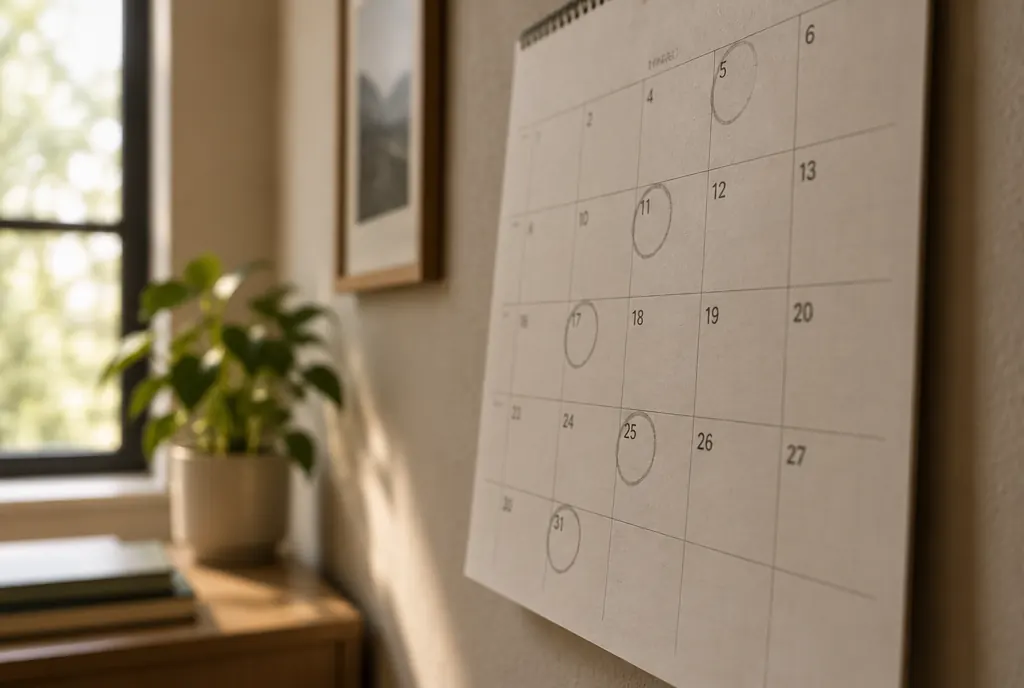 A wall calendar with several dates circled in pencil