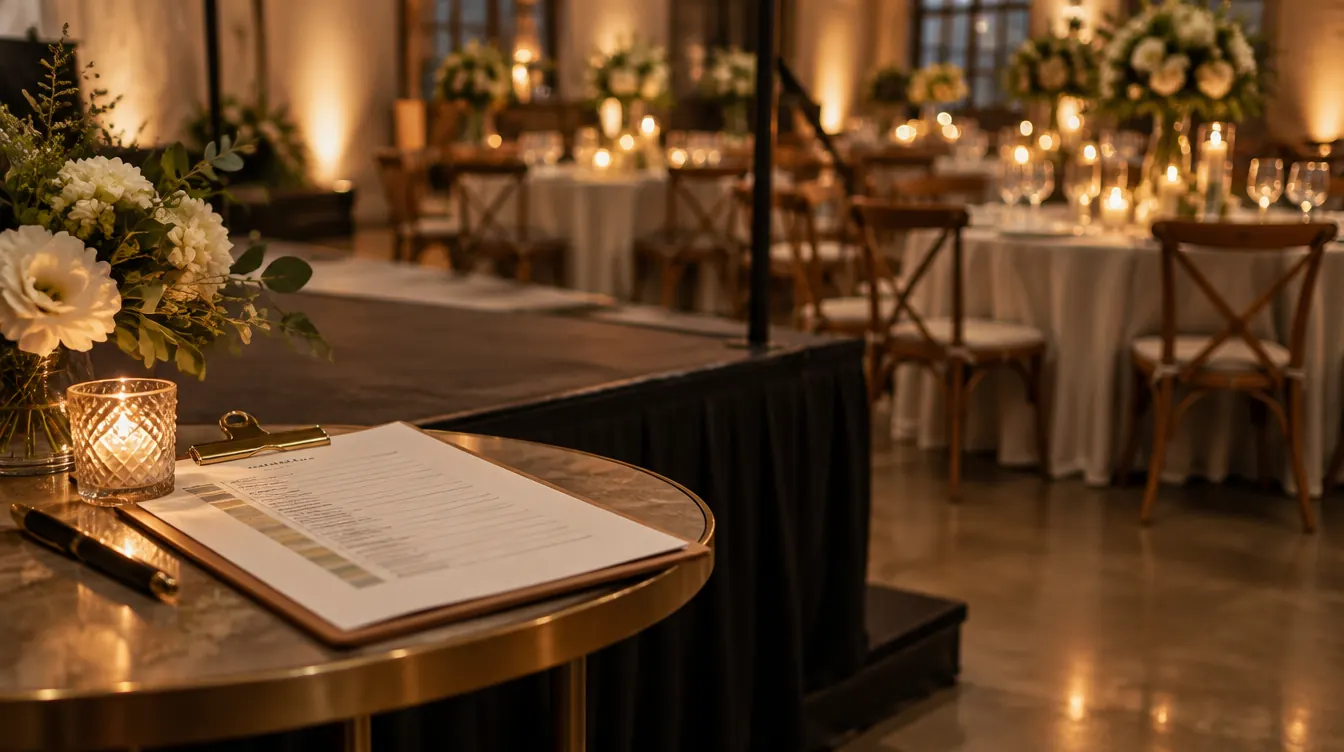 A clipboard with a printed schedule on a table beside a reception hall set for dinner