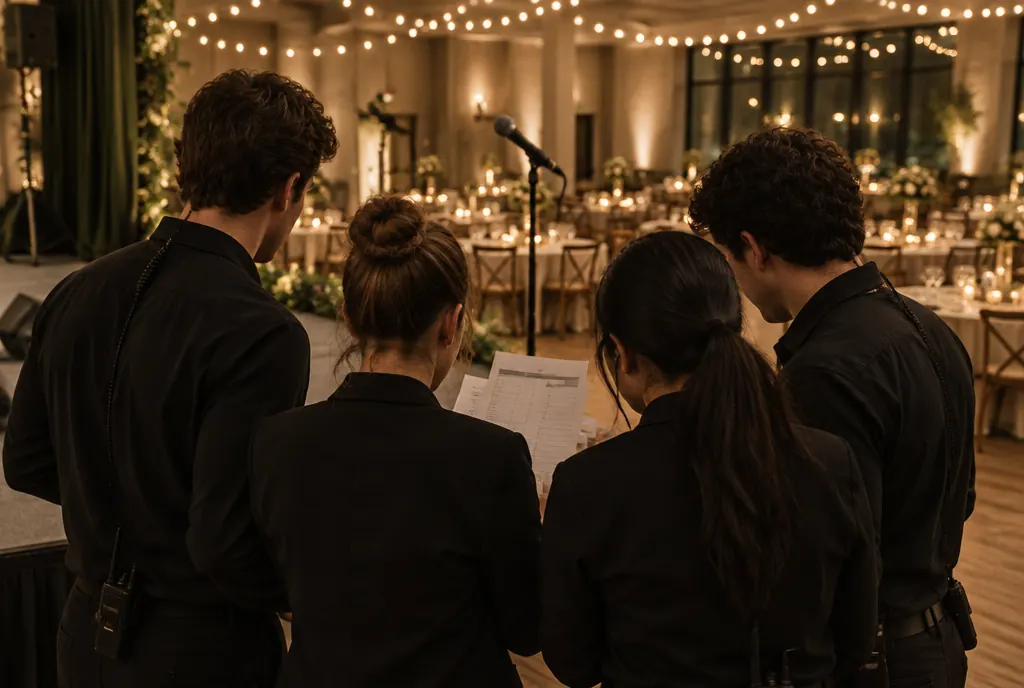 A team of event staff seen from behind huddled around a printed sheet before guests arrive