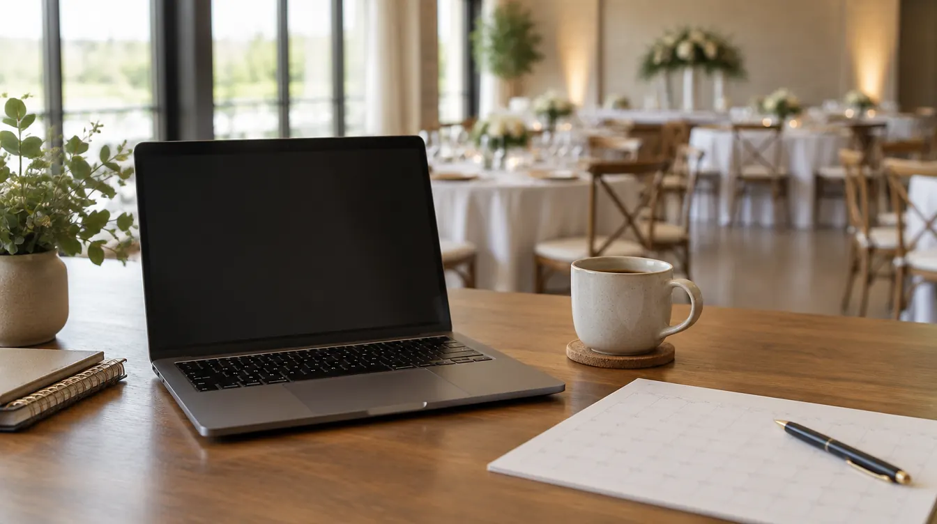 A laptop beside a paper calendar and coffee cup on a venue office desk with an event space blurred behind