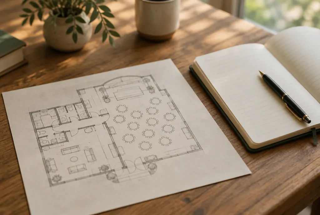 A hand-drawn floor plan and notebook on a wooden table in soft window light