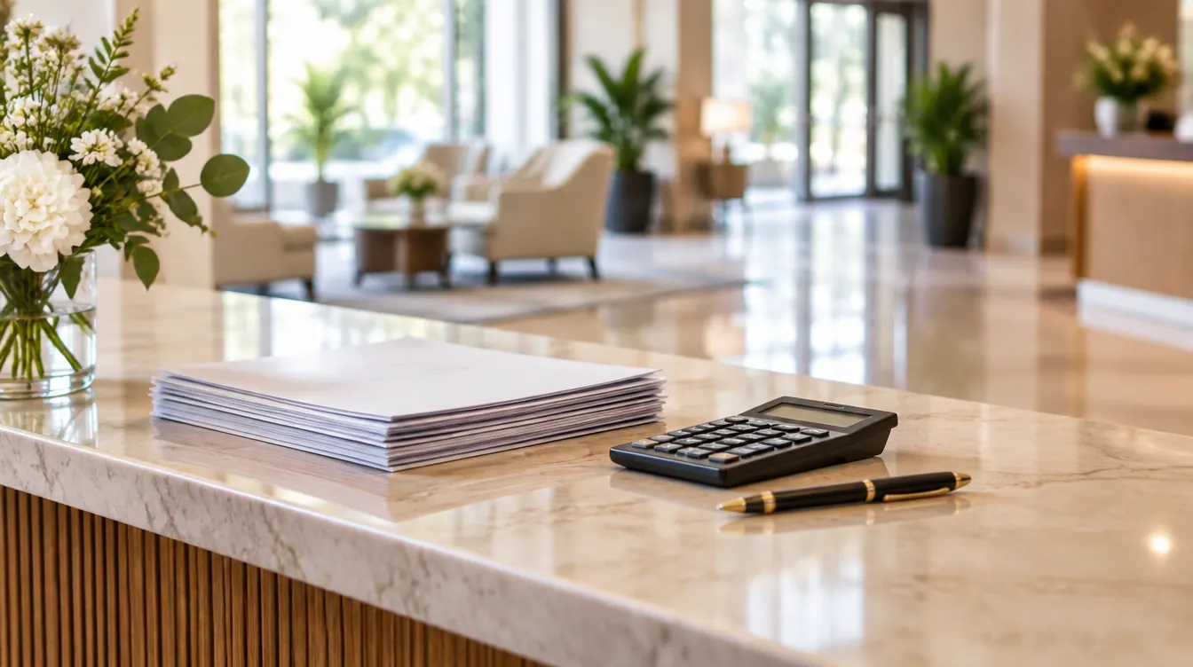 A calculator, pen and neat stack of papers on a venue reception counter beside a small flower arrangement