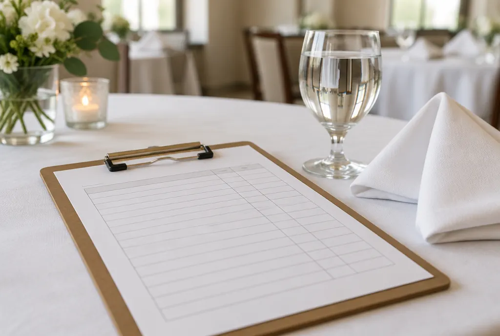 A clipboard holding an itemised sheet on a banquet table in a quiet event room